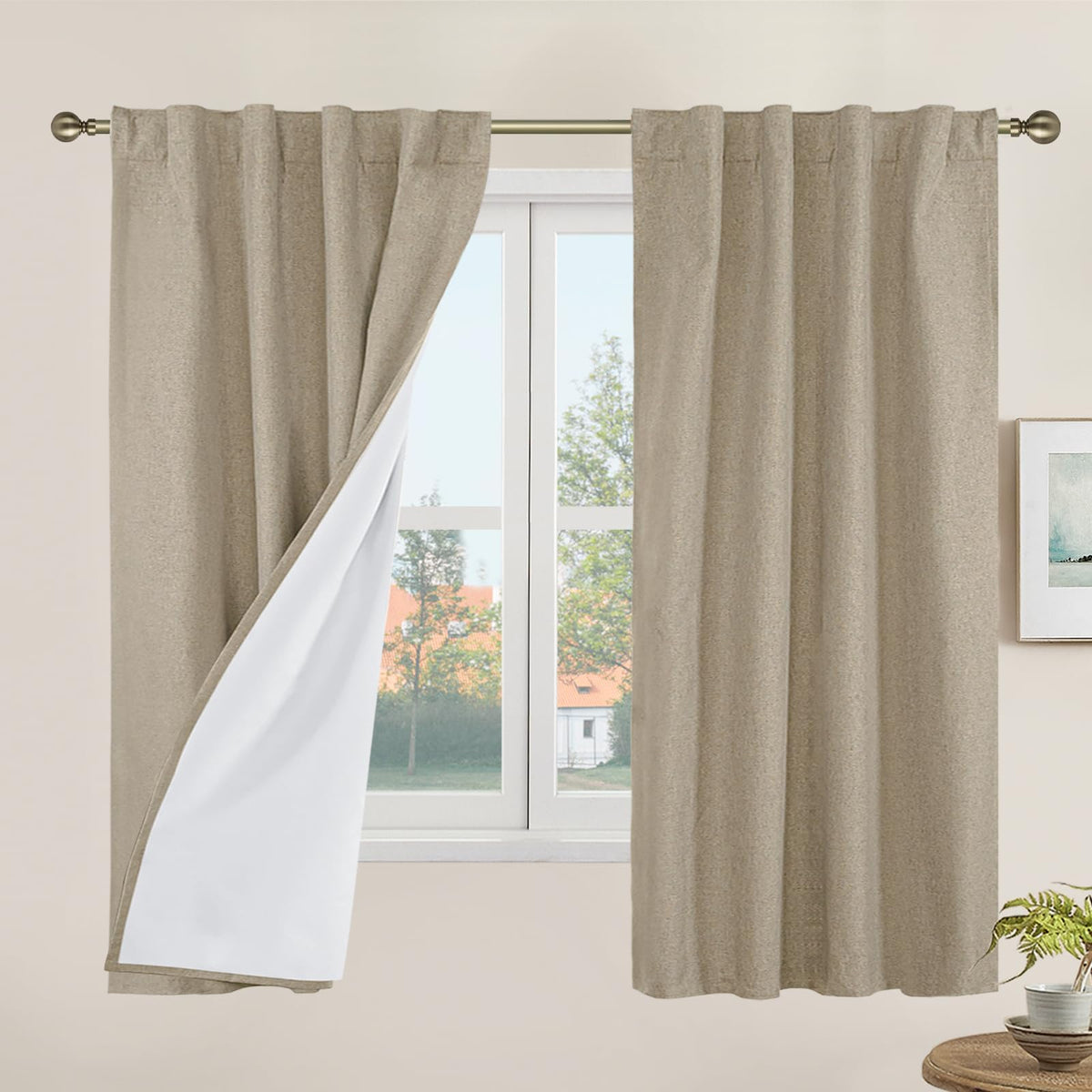 LAMIT Full Blackout Linen Kitchen Window Curtains 36 Inches Long, Ivory