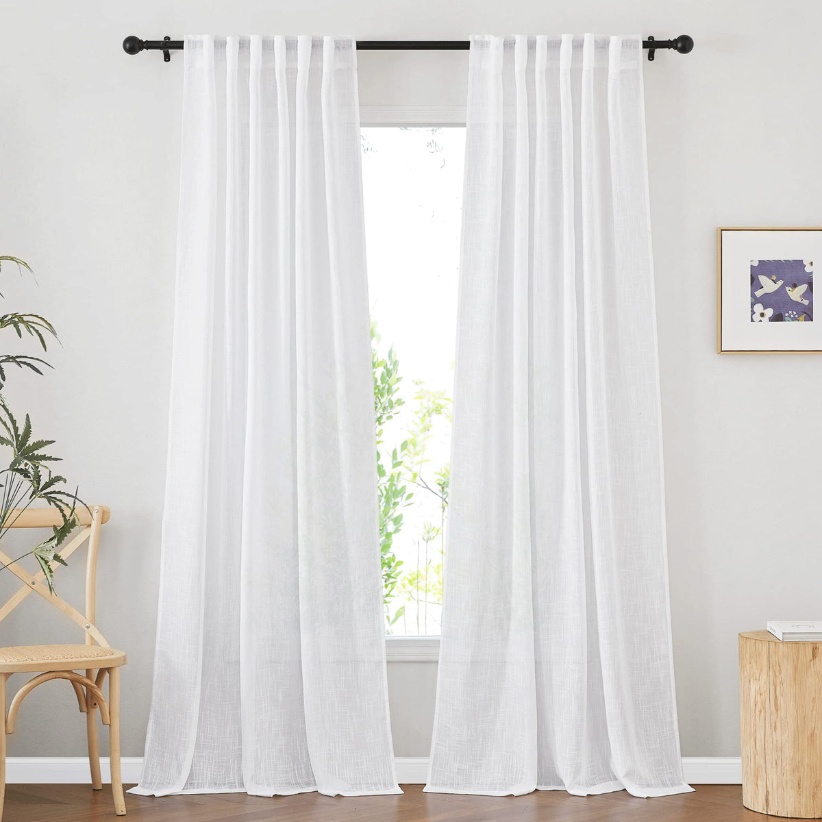 NICETOWN Natural Linen Kitchen Curtains 26 inches Long, Rod Pocket & Back Tab Semi Sheer Flax Window Treatments Rustic & Cute for Cafe/Kids Room, W37 x L26, 2 Panels