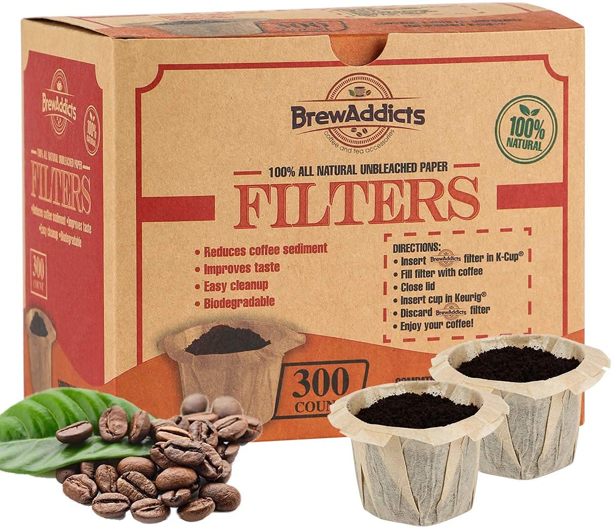 300 Paper Coffee Single-Use Filters, Brown, All-Natural & Unbleached for Keurig Brewers and Compatible with K-Cup Pods 1.0 & 2.0 Models, Disposable filters