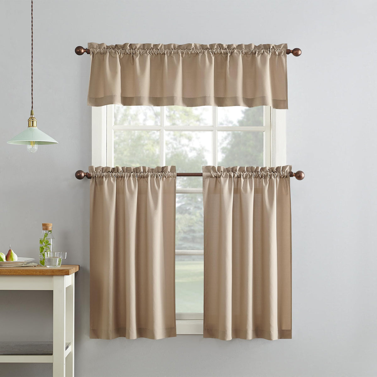 No. 918 Martine Microfiber Semi-Sheer Rod Pocket Kitchen Curtain Valance and Tiers Set, 54" x 36", Red