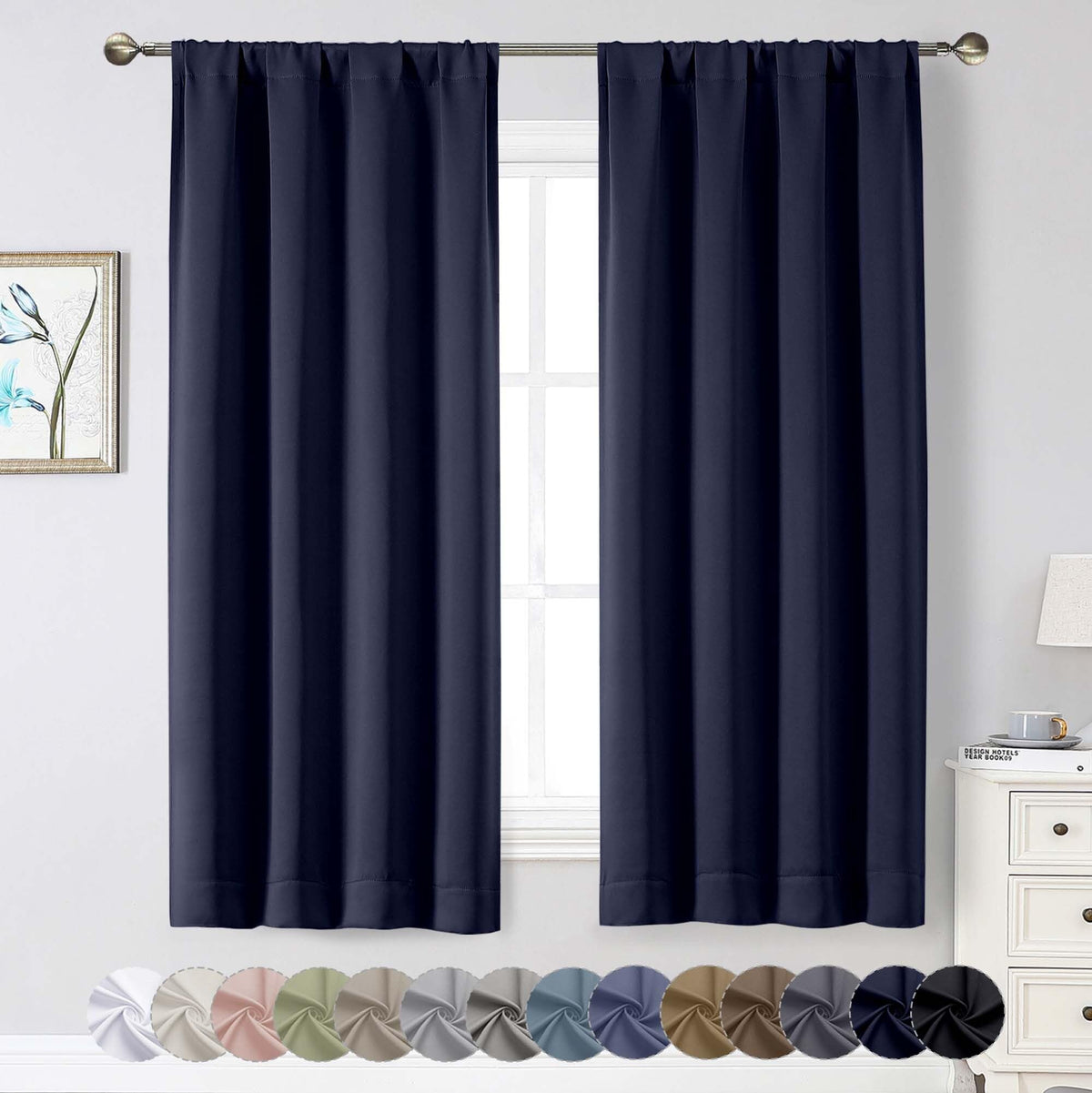 Black Cafe Blackout Curtains 36 Inch Length 2 Panels Set, Soft Solid Thermal Insulated Room Darkening Small Window Curtains for Kitchen Bathroom Basement, Black, Each, 40" Wx36 L