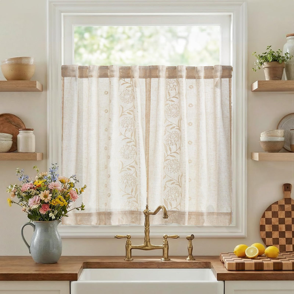 jinchan Beige Floral Linen Kitchen Tier Curtains 36 Inch, 2 Panels