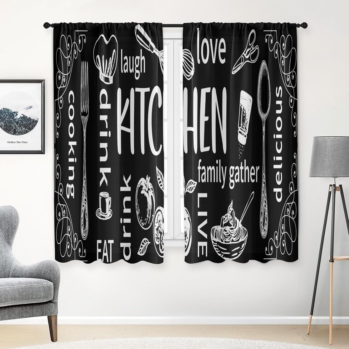 Arttown Kitchen Curtains 63 Inch Length, 2 Pack, Abstract Doodle Modern