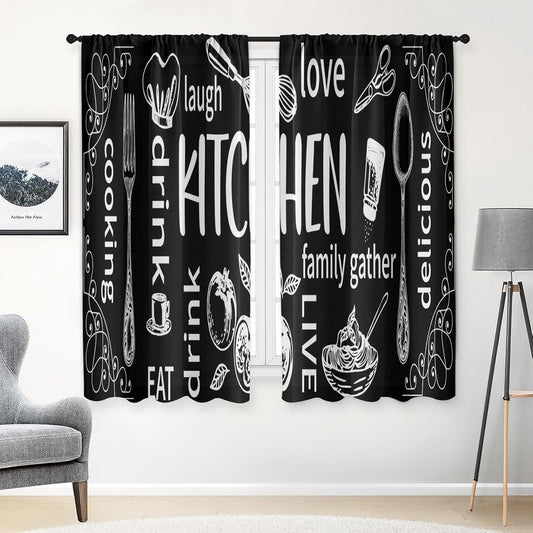 Arttown Kitchen Curtains 63 Inch Length, 2 Pack, Abstract Doodle Modern