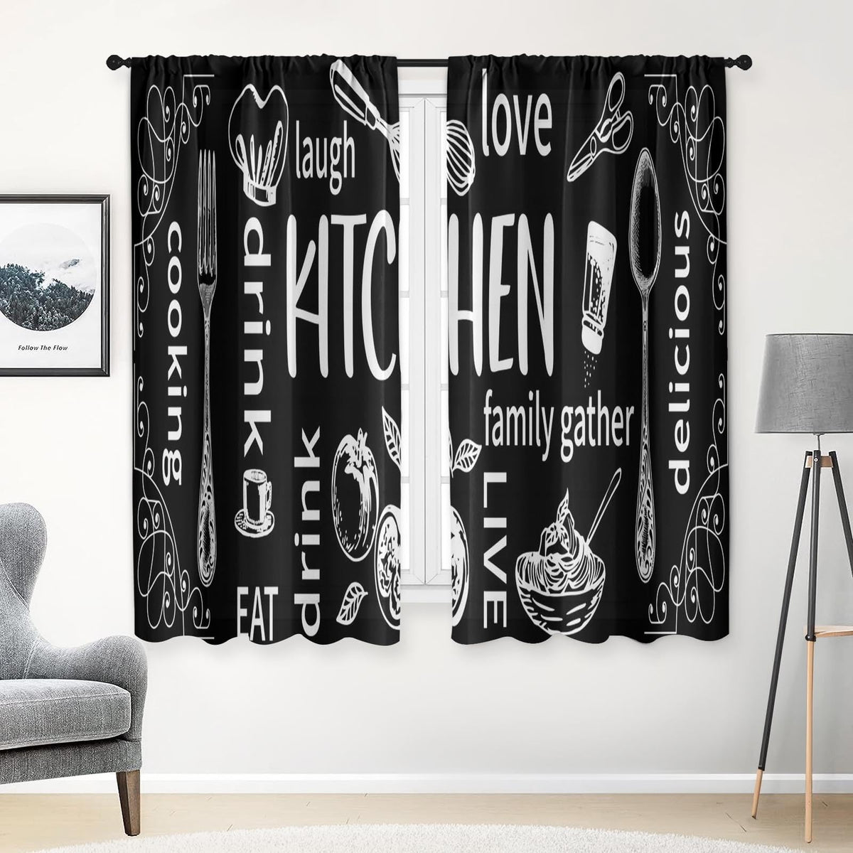 Arttown Kitchen Curtains 63 Inch Length, 2 Pack, Abstract Doodle Modern
