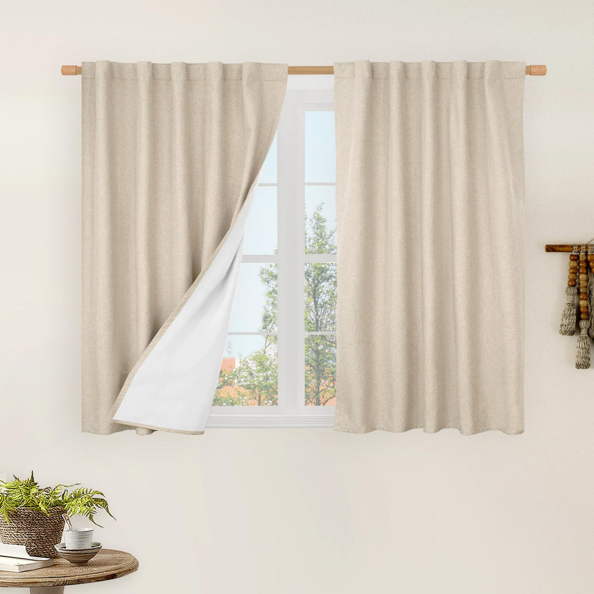 LAMIT Full Blackout Linen Kitchen Window Curtains 36 Inches Long, Ivory
