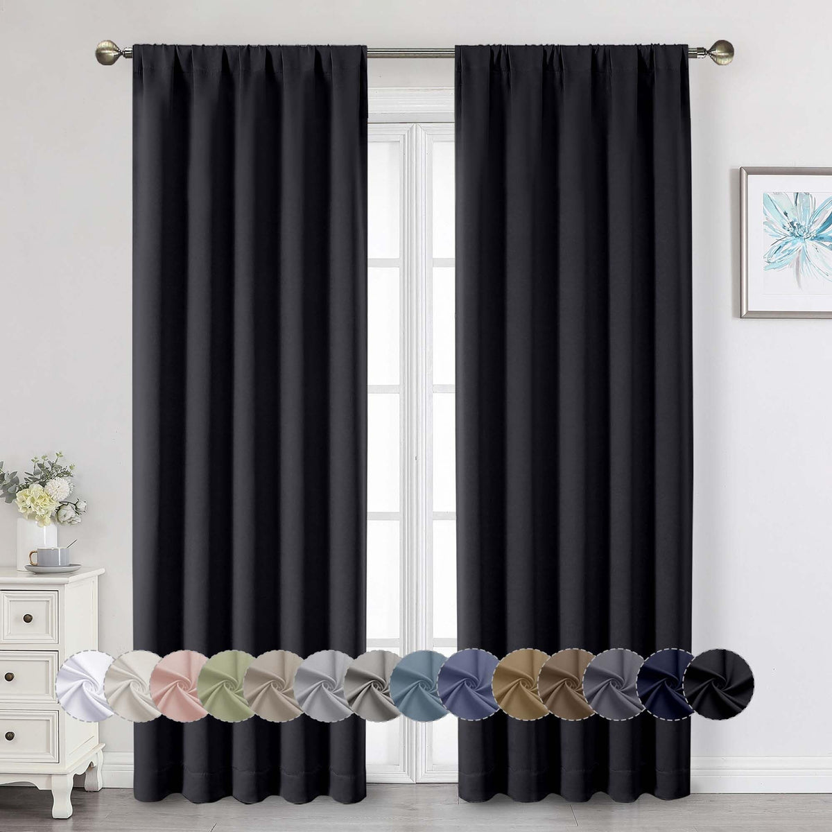 Black Cafe Blackout Curtains 36 Inch Length 2 Panels Set, Soft Solid Thermal Insulated Room Darkening Small Window Curtains for Kitchen Bathroom Basement, Black, Each, 40" Wx36 L