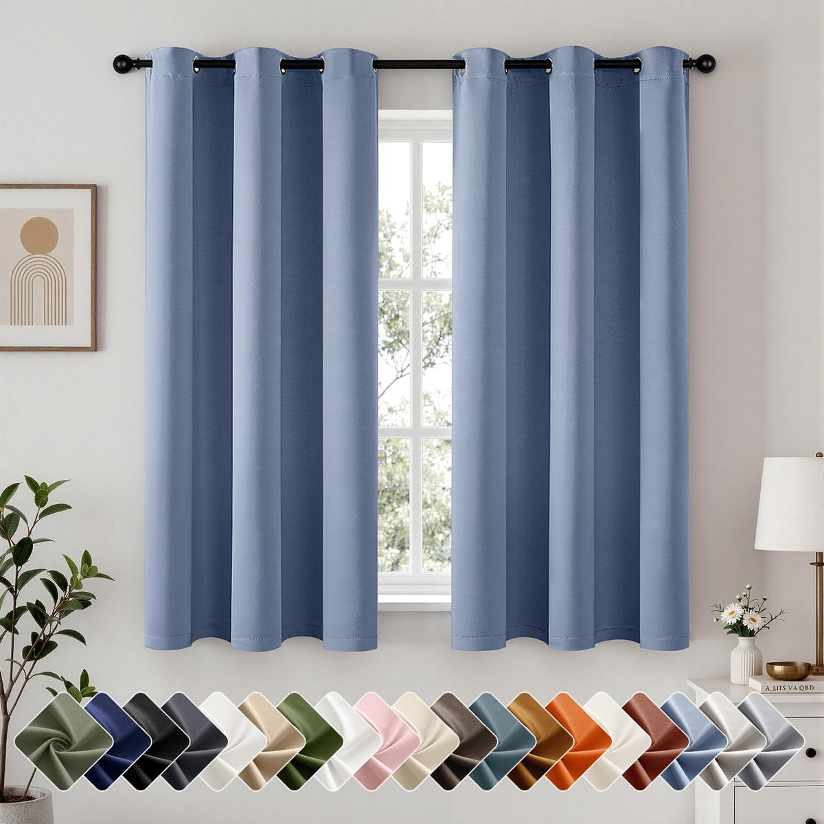 Short Navy Blue Blackout Kitchen Curtain W40 x L45 Inch 2 Panels