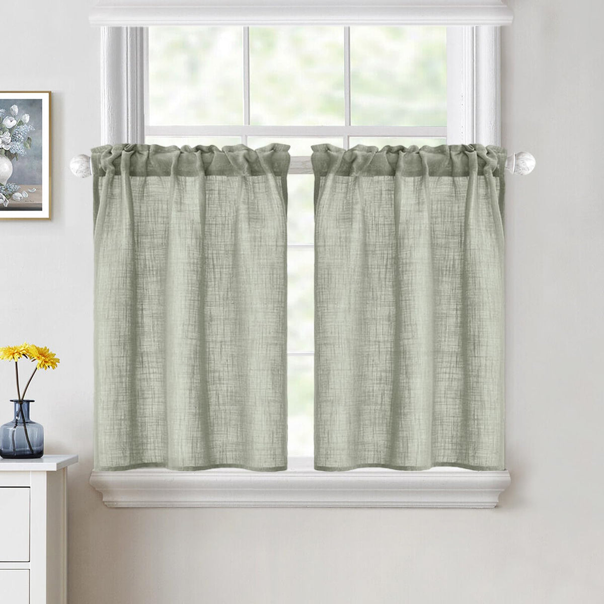 MIULEE Spring Linen Textured Kitchen Window Curtains over Sink 24 Inch Length Semi Sheer Farmhouse Small Curtains for Cafe Bathroom Basement, Short Rod Pocket Tier Curtains 2 Panels W26XL24 Sage Green