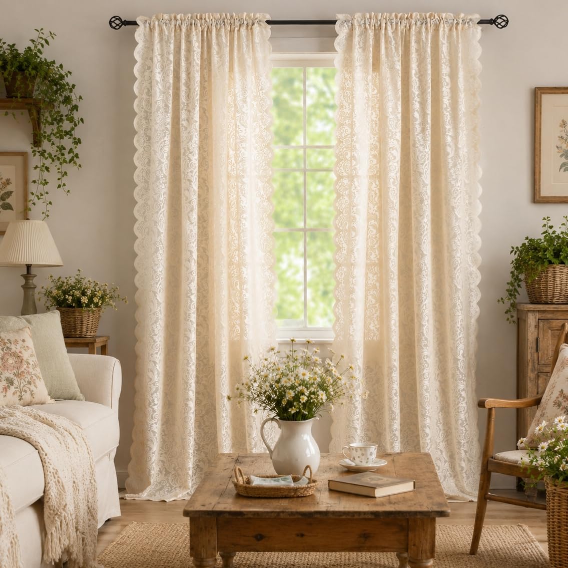 ALIGOGO Short White Lace Kitchen Curtains 36 Length 2 Panels W26 x L36 Inch
