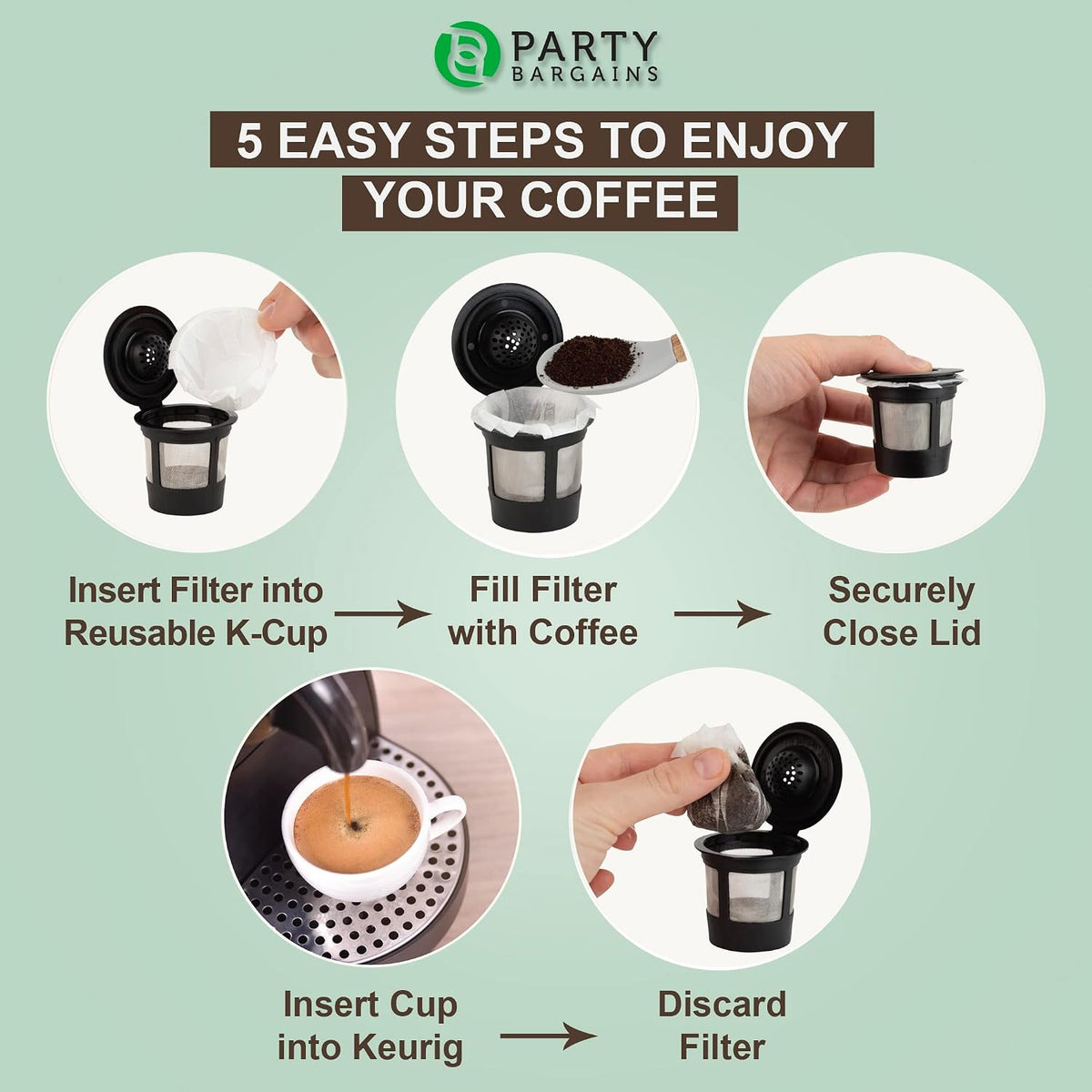 PARTY BARGAINS 300 Classic Disposable Coffee Filter Liners – Compatible with Keurig Brewers & K‑Cup Reusable Pods, Single‑Use Classic Design