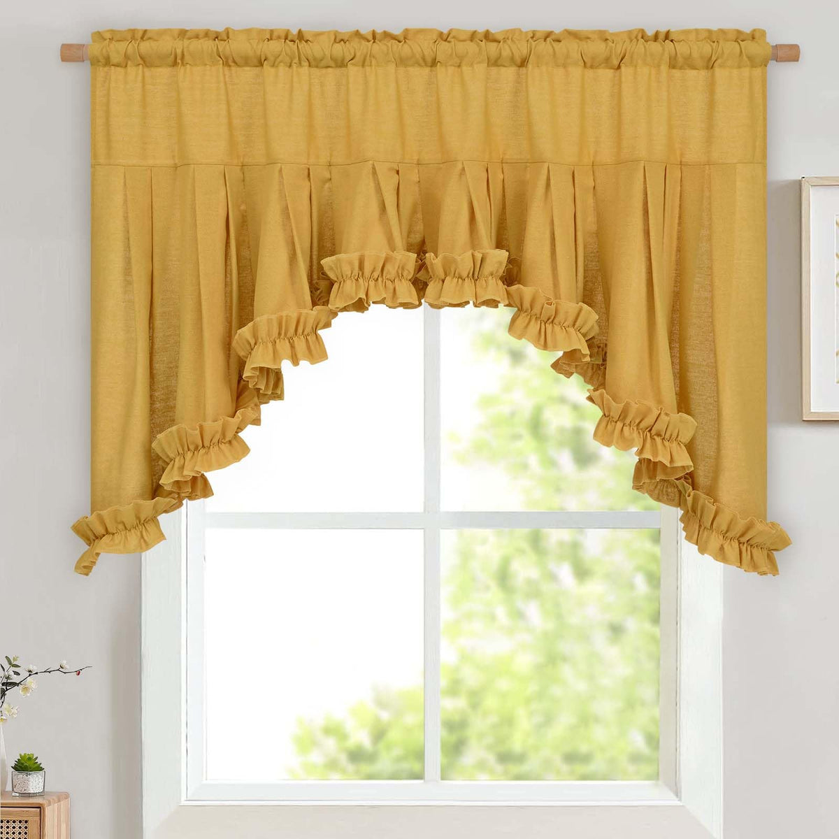 Likiyol Linen Valances for Windows Farmhouse Ruffle Swag Valance Rustic Country Window Valances Light Filtering Kitchen Curtains Rod Pocket Valance Curtains for Bathroom Cafe, Green, 60" W x 36" L