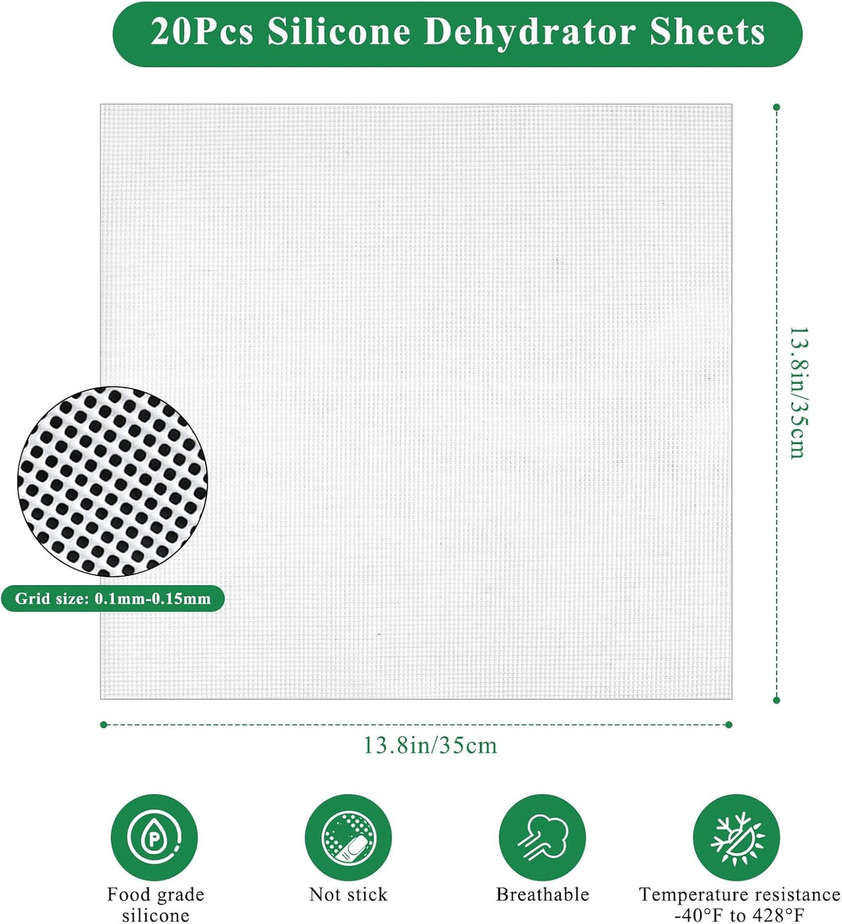 20 Pack Square Silicone Dehydrator Sheets (13.8x13.8 inch), Non-Stick Tray Liners & Reusable Dehydrator Mats for Jerky, Fruit, Herbs, Pet Treats - Fits for Most Food Dehydrators