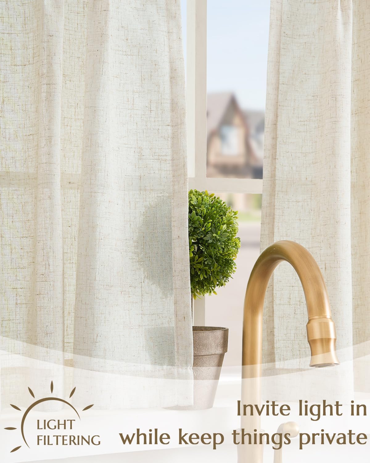 jinchan Solid Linen Kitchen Tier Curtains 24 Inches Tie Top 2 Panles Crude