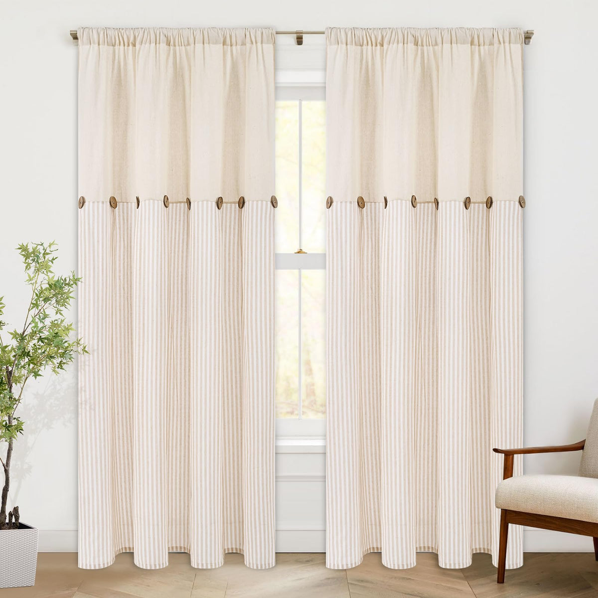 ASPMIZ Cotton Linen Kitchen Valance Curtains, Boho Rustic Button Linen Valances for Windows Farmhouse, Black with Grey Stripe Valance Window Topper Treatment Window Valances for Bathroom, 52 x 18 Inch