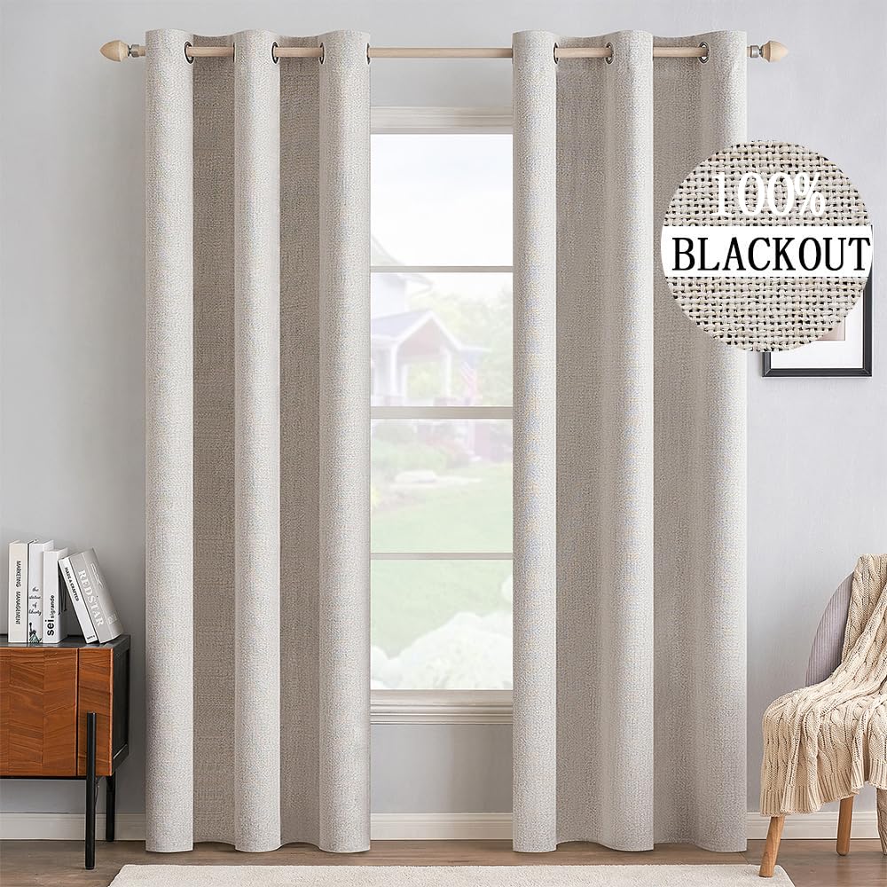 MIULEE 100% Blackout Linen Curtains for Bedroom 52x54 Inches Natural Beige