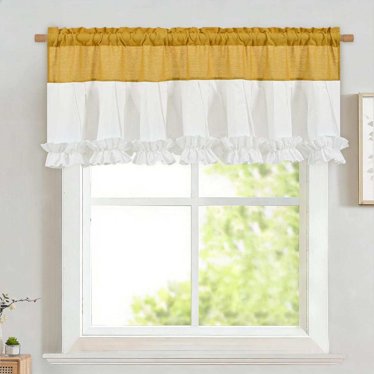 Likiyol Linen Valances for Windows Farmhouse Ruffle Swag Valance Rustic Country Window Valances Light Filtering Kitchen Curtains Rod Pocket Valance Curtains for Bathroom Cafe, Green, 60" W x 36" L