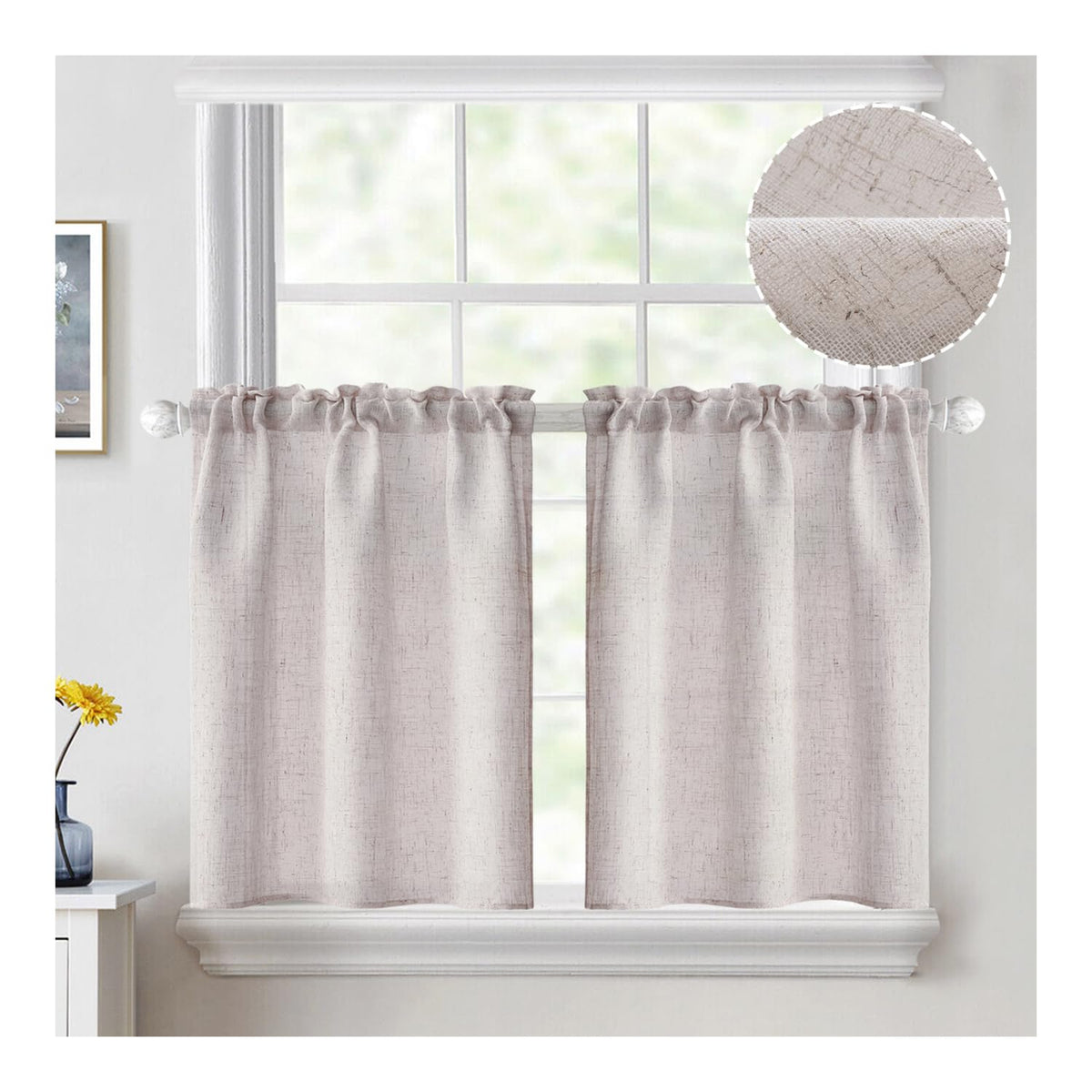 MIULEE Spring Linen Textured Kitchen Window Curtains over Sink 24 Inch Length Semi Sheer Farmhouse Small Curtains for Cafe Bathroom Basement, Short Rod Pocket Tier Curtains 2 Panels W26XL24 Sage Green