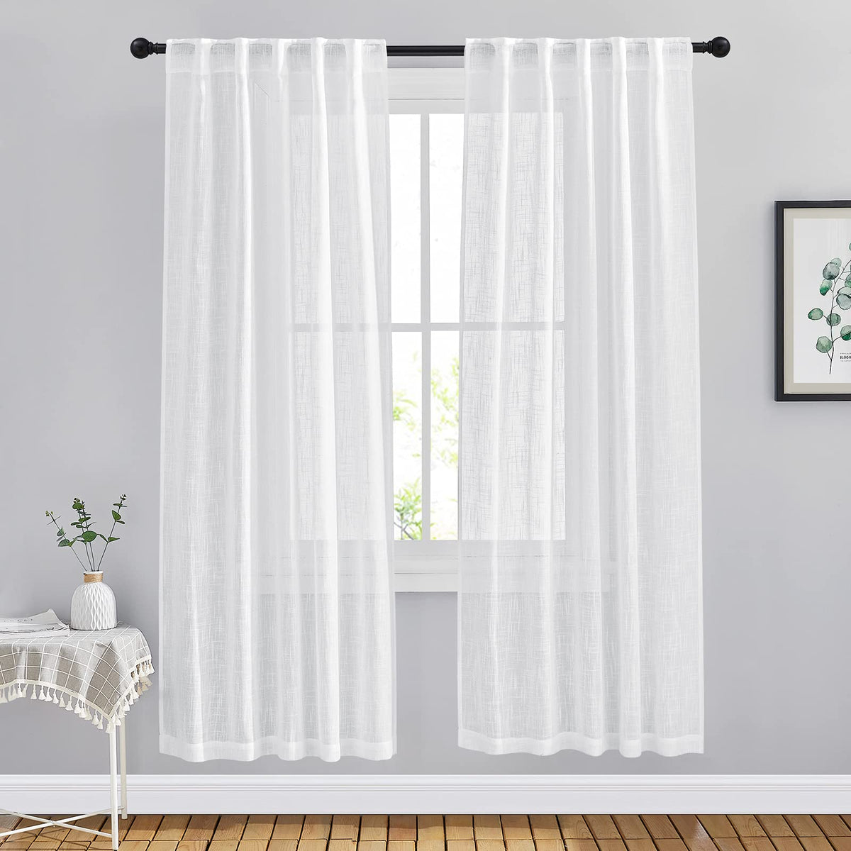 NICETOWN Natural Linen Kitchen Curtains 26 inches Long, Rod Pocket & Back Tab Semi Sheer Flax Window Treatments Rustic & Cute for Cafe/Kids Room, W37 x L26, 2 Panels