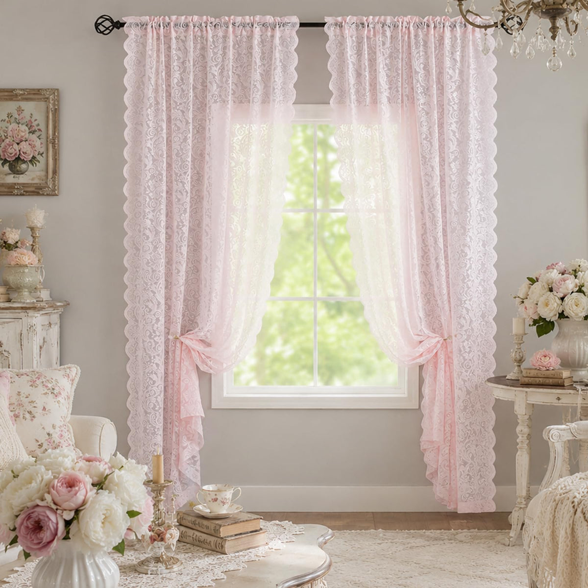 ALIGOGO Short White Lace Kitchen Curtains 36 Length 2 Panels W26 x L36 Inch