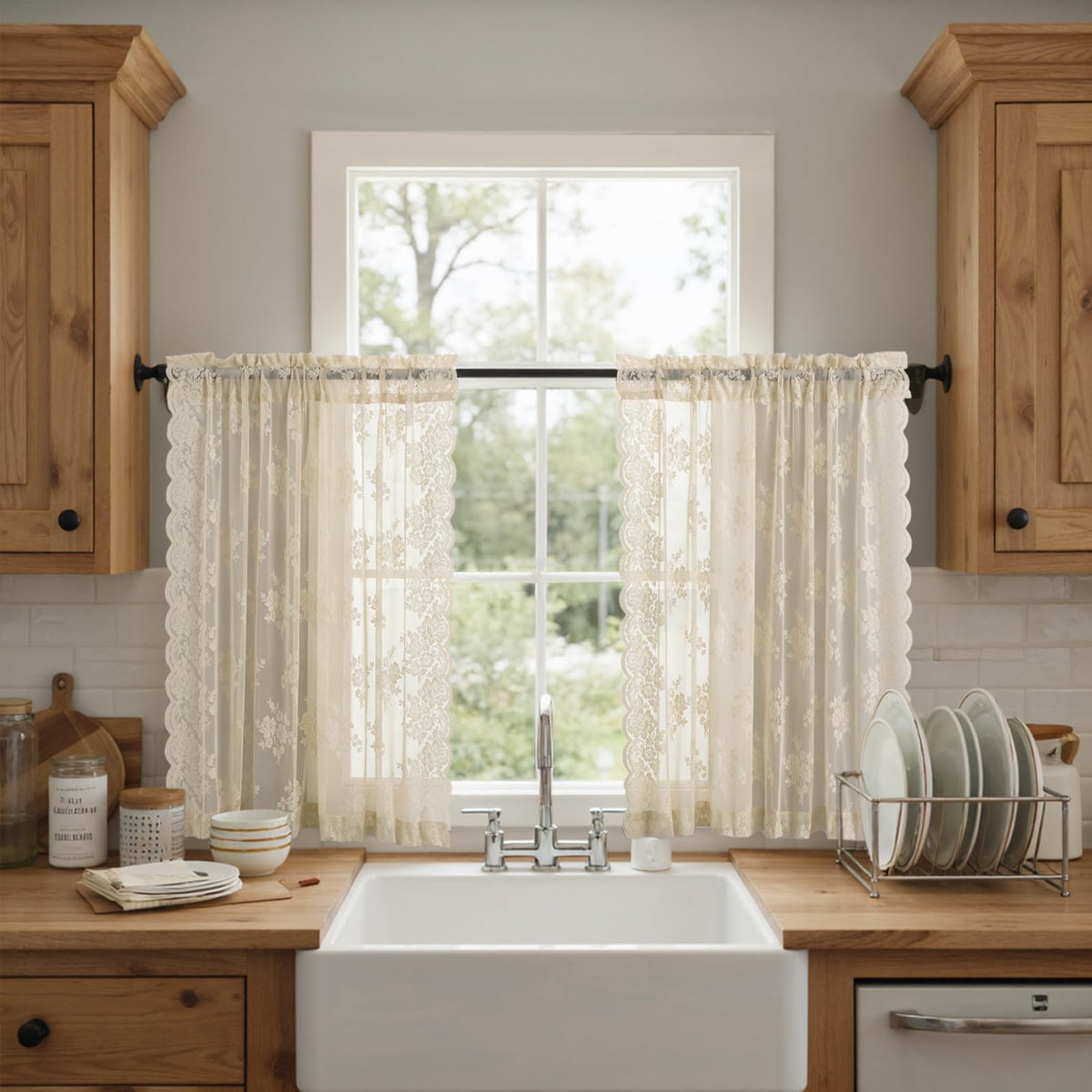 Kotile Short Beige Lace Curtains for Kitchen Windows W42xL45 Inch, 2 Panels