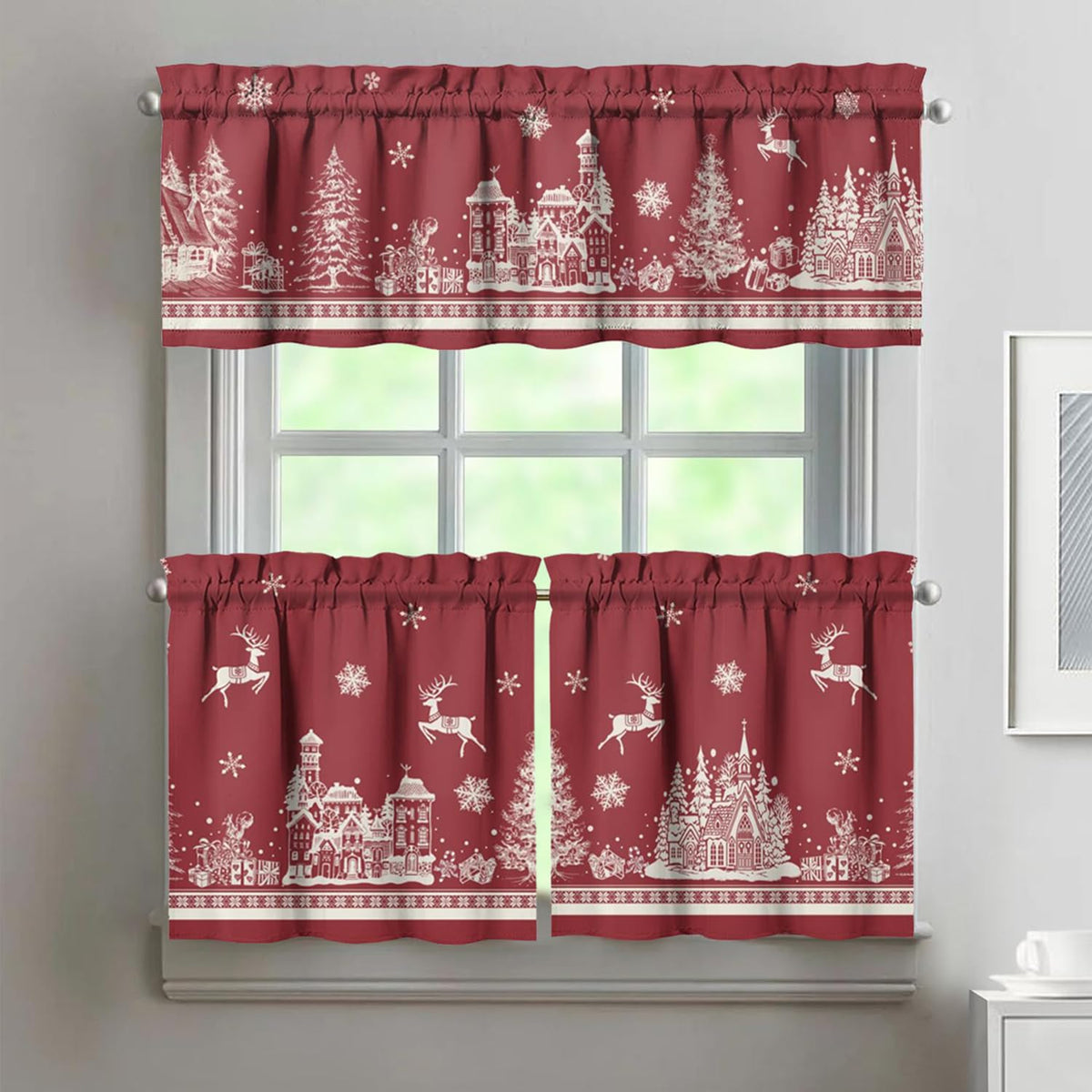 Sage Kitchen Curtain Valance 3 Piece Set, Sage Leaf Floral Kitchen Decor for Home Interior, Farmhouse Style Sink Window Curtains 36 Inch