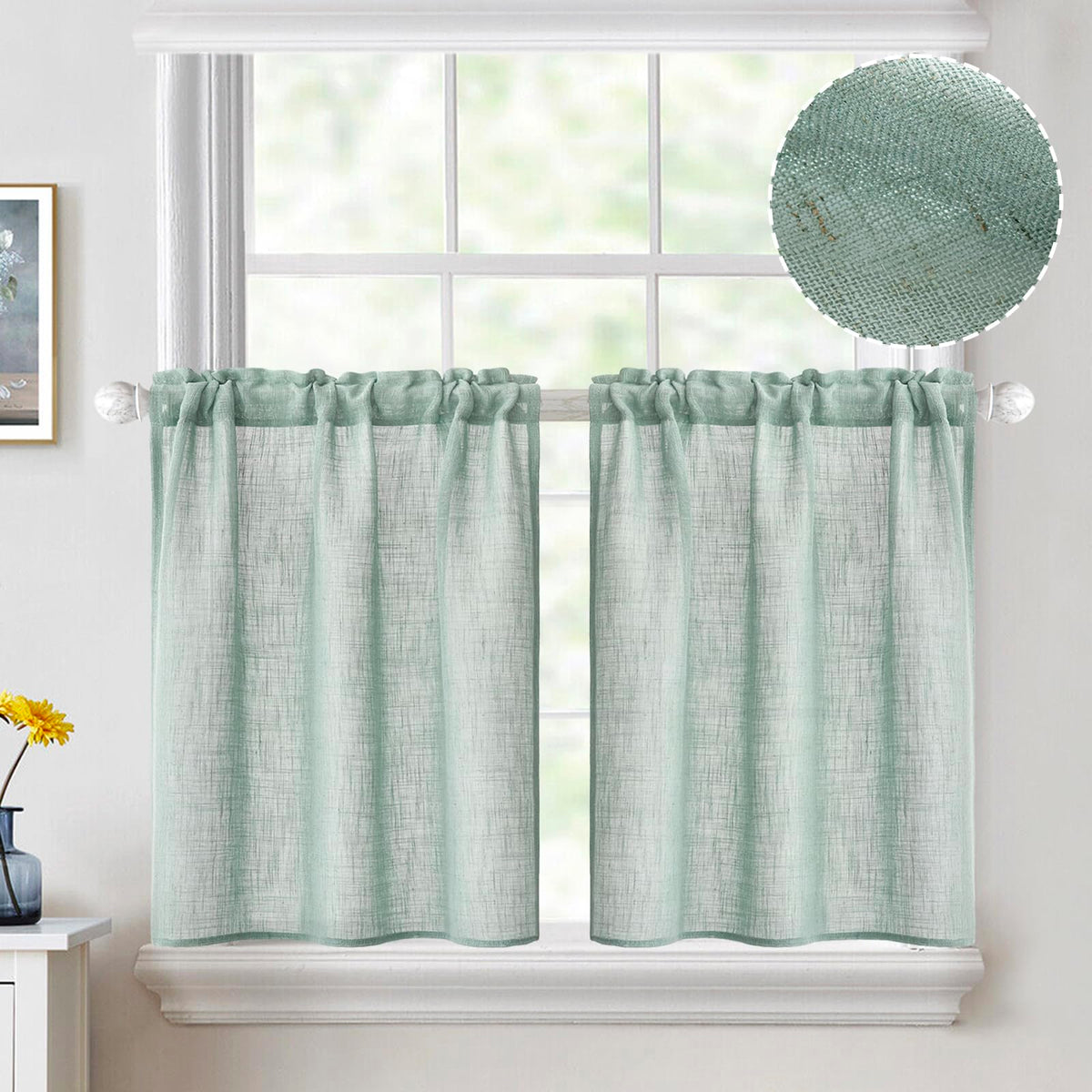 MIULEE Spring Linen Textured Kitchen Window Curtains over Sink 24 Inch Length Semi Sheer Farmhouse Small Curtains for Cafe Bathroom Basement, Short Rod Pocket Tier Curtains 2 Panels W26XL24 Sage Green