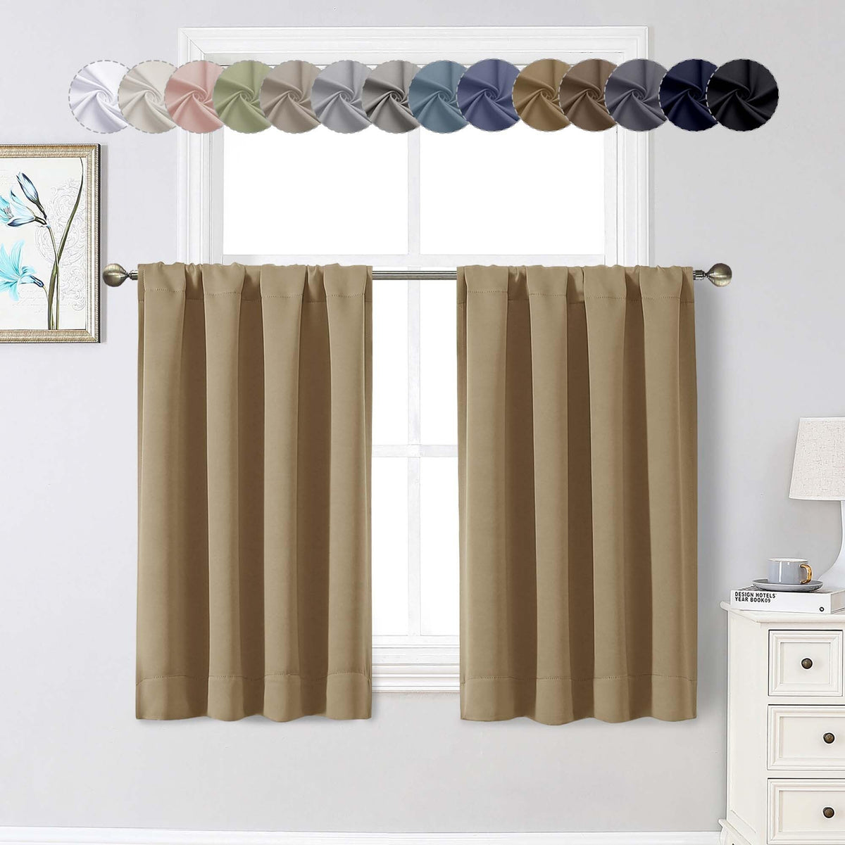 Black Cafe Blackout Curtains 36 Inch Length 2 Panels Set, Soft Solid Thermal Insulated Room Darkening Small Window Curtains for Kitchen Bathroom Basement, Black, Each, 40" Wx36 L