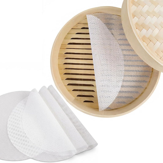 10 Inch Silicone Bamboo Steamer Liners 10 Pack – Non-Stick Round Reusable Steamer Mesh Pad Mats for Steaming Dumplings, Veggies & Dim Sum Rice Buns Fish