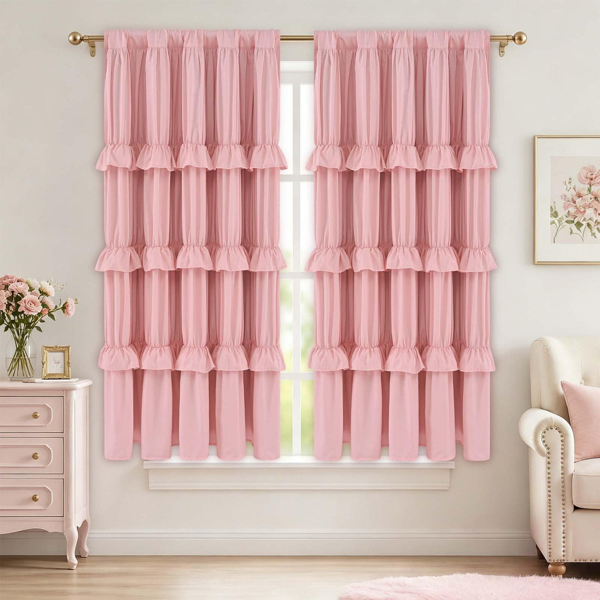 Yinhua Pink Kitchen Curtains 36 Inch Length Ruffle Blackout Cafe Curtains, Farmhouse Rustic Kitchen Window Curtain Rod Pocket Short Tier Curtain for Windows, 26" W x 36" L, 2 Panels