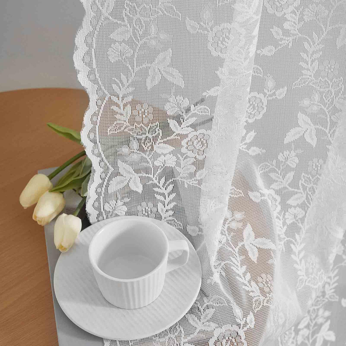 FINECITY Short Beige Lace Curtains Rustic Leaf Floral W42xL36 Inch 2 Panels