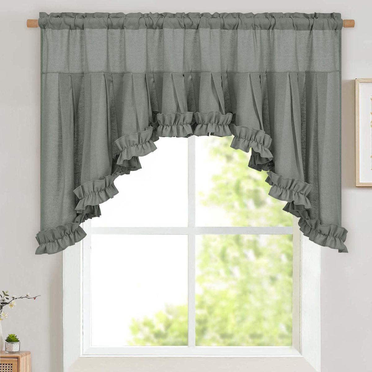 Likiyol Linen Valances for Windows Farmhouse Ruffle Swag Valance Rustic Country Window Valances Light Filtering Kitchen Curtains Rod Pocket Valance Curtains for Bathroom Cafe, Green, 60" W x 36" L