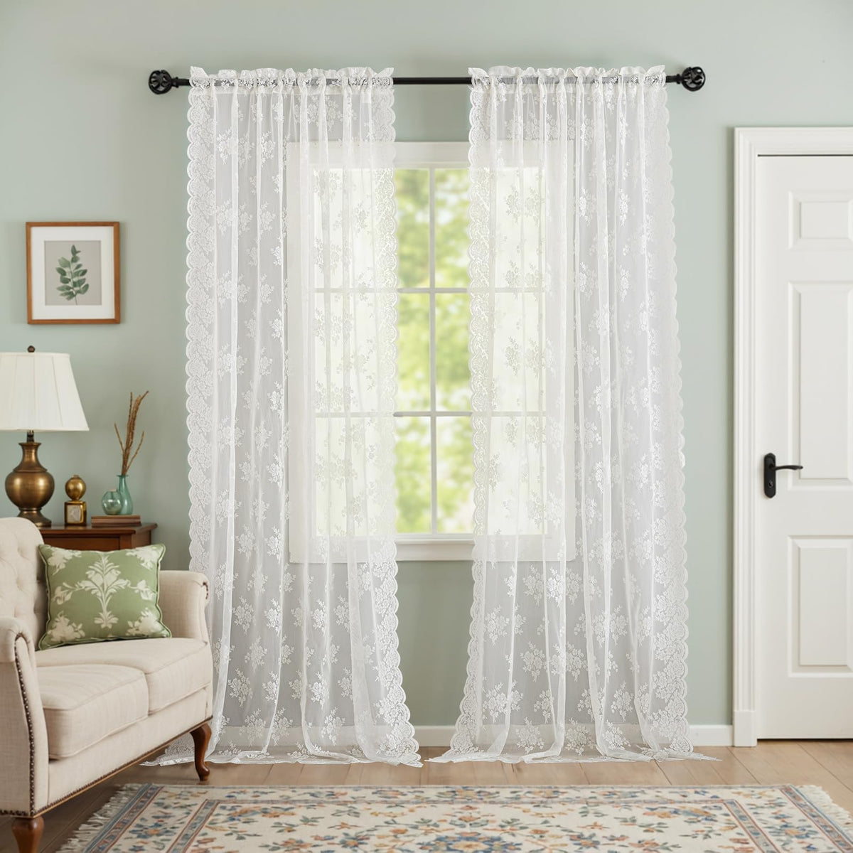 Kotile Short Beige Lace Curtains for Kitchen Windows W42xL45 Inch, 2 Panels