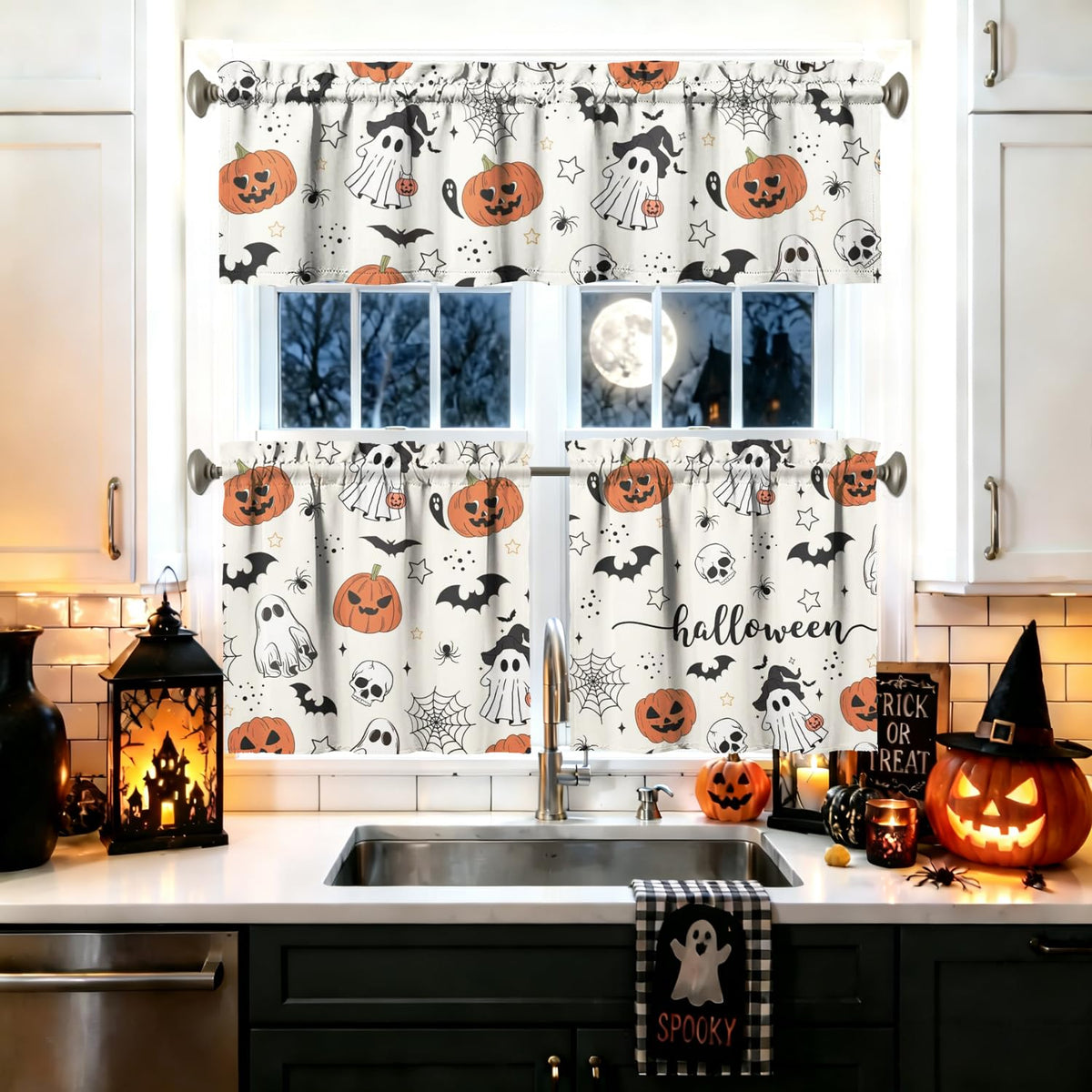 Sage Kitchen Curtain Valance 3 Piece Set, Sage Leaf Floral Kitchen Decor for Home Interior, Farmhouse Style Sink Window Curtains 36 Inch