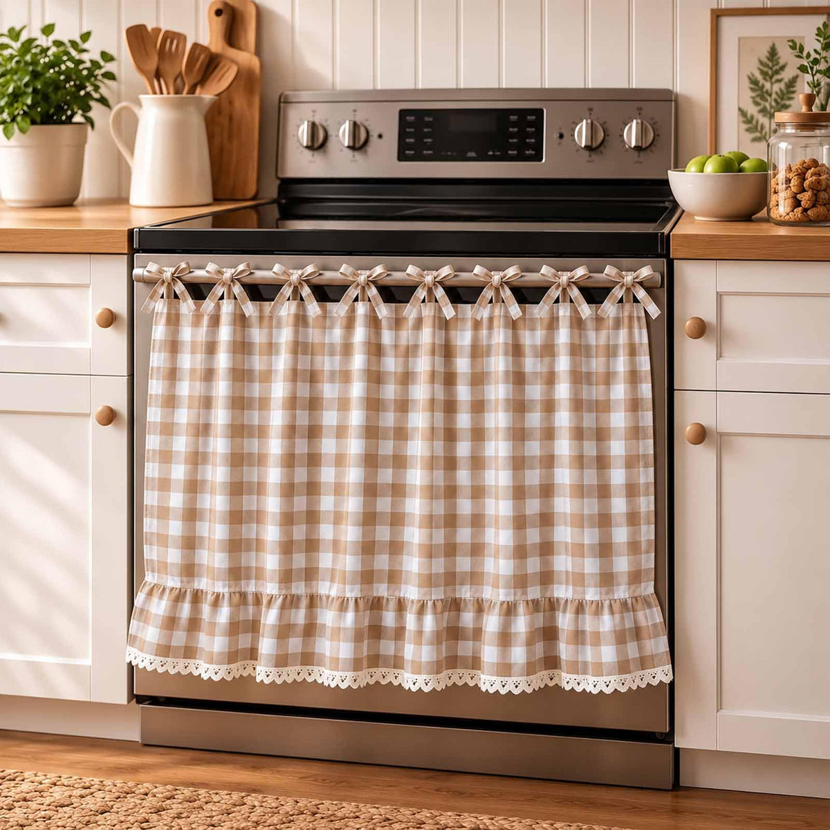 LOSOZO Oat Handmade Oven Skirt for Farmhouse Kitchen Décor, Oven Curtain Tie Top Decorative Cabinet Dish Washer Oven Curtains, Ruffled Fabric Appliance Cover with Ribbon Ties