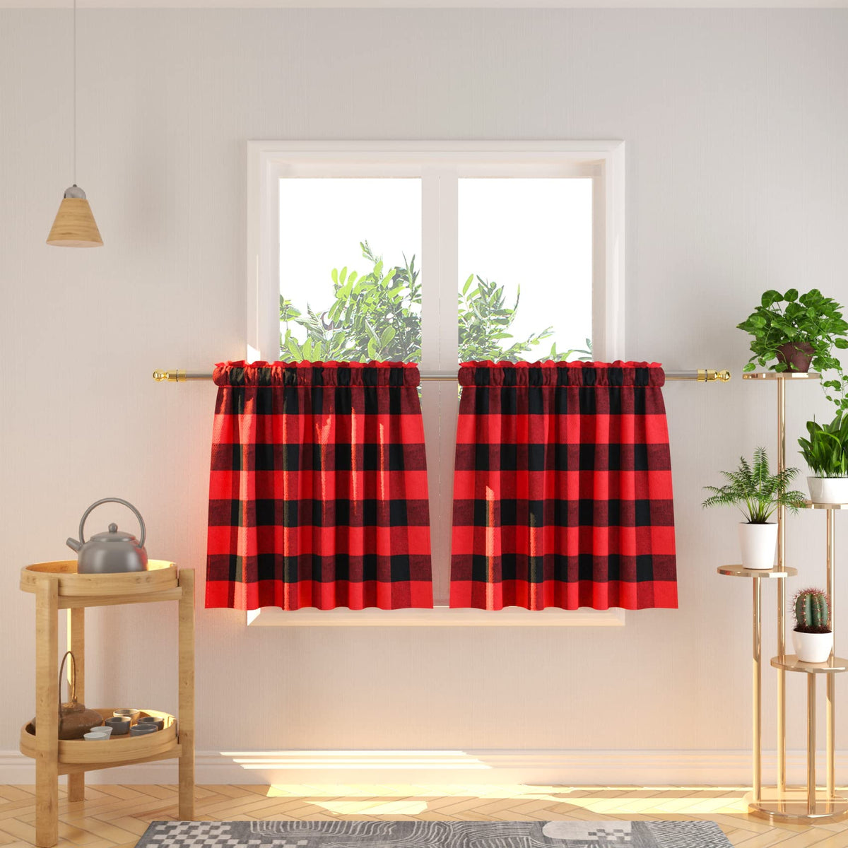 Buffalo Check Kitchen Tier Curtain 24 inches Long Plaid Gingham Rod Pocket Classic Cafe Curtains Country Farmhouse Kitchen Half Window Curtains 2 Panels Beige & White