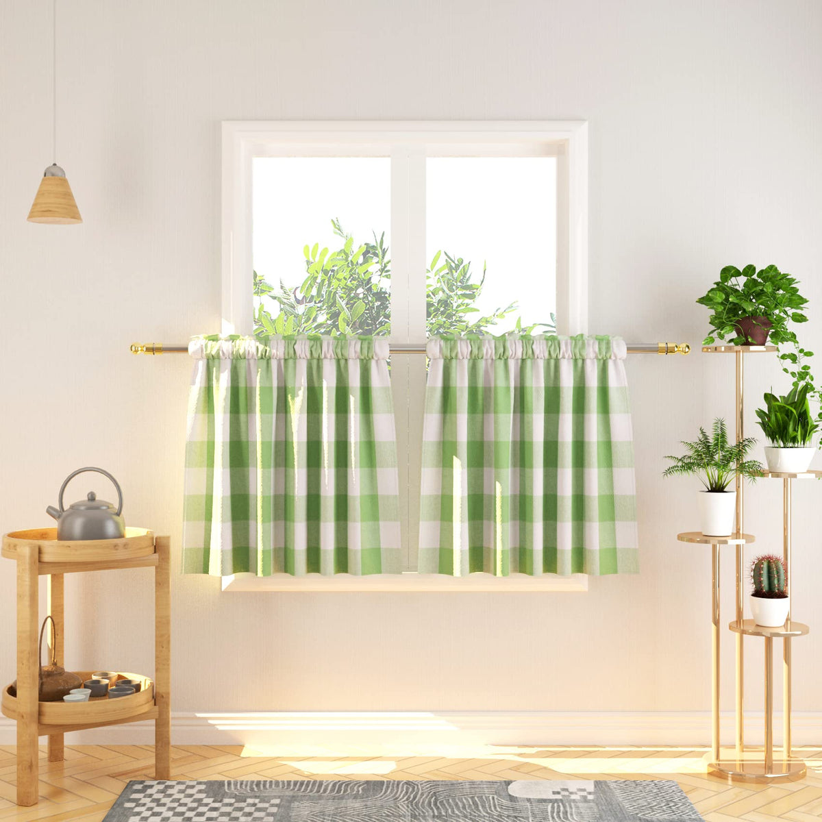 Buffalo Check Kitchen Tier Curtain 24 inches Long Plaid Gingham Rod Pocket Classic Cafe Curtains Country Farmhouse Kitchen Half Window Curtains 2 Panels Beige & White