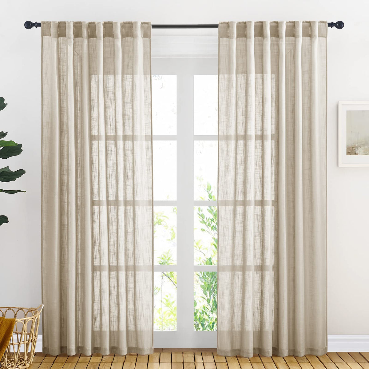 NICETOWN Natural Linen Kitchen Curtains 26 inches Long, Rod Pocket & Back Tab Semi Sheer Flax Window Treatments Rustic & Cute for Cafe/Kids Room, W37 x L26, 2 Panels