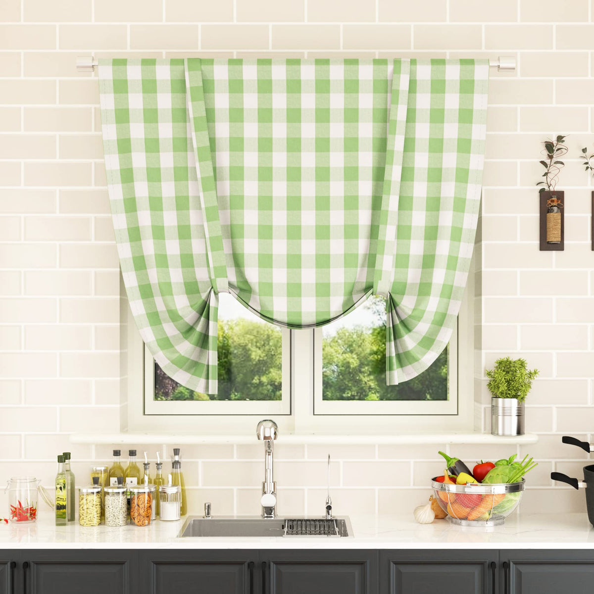 Buffalo Check Kitchen Tier Curtain 24 inches Long Plaid Gingham Rod Pocket Classic Cafe Curtains Country Farmhouse Kitchen Half Window Curtains 2 Panels Beige & White