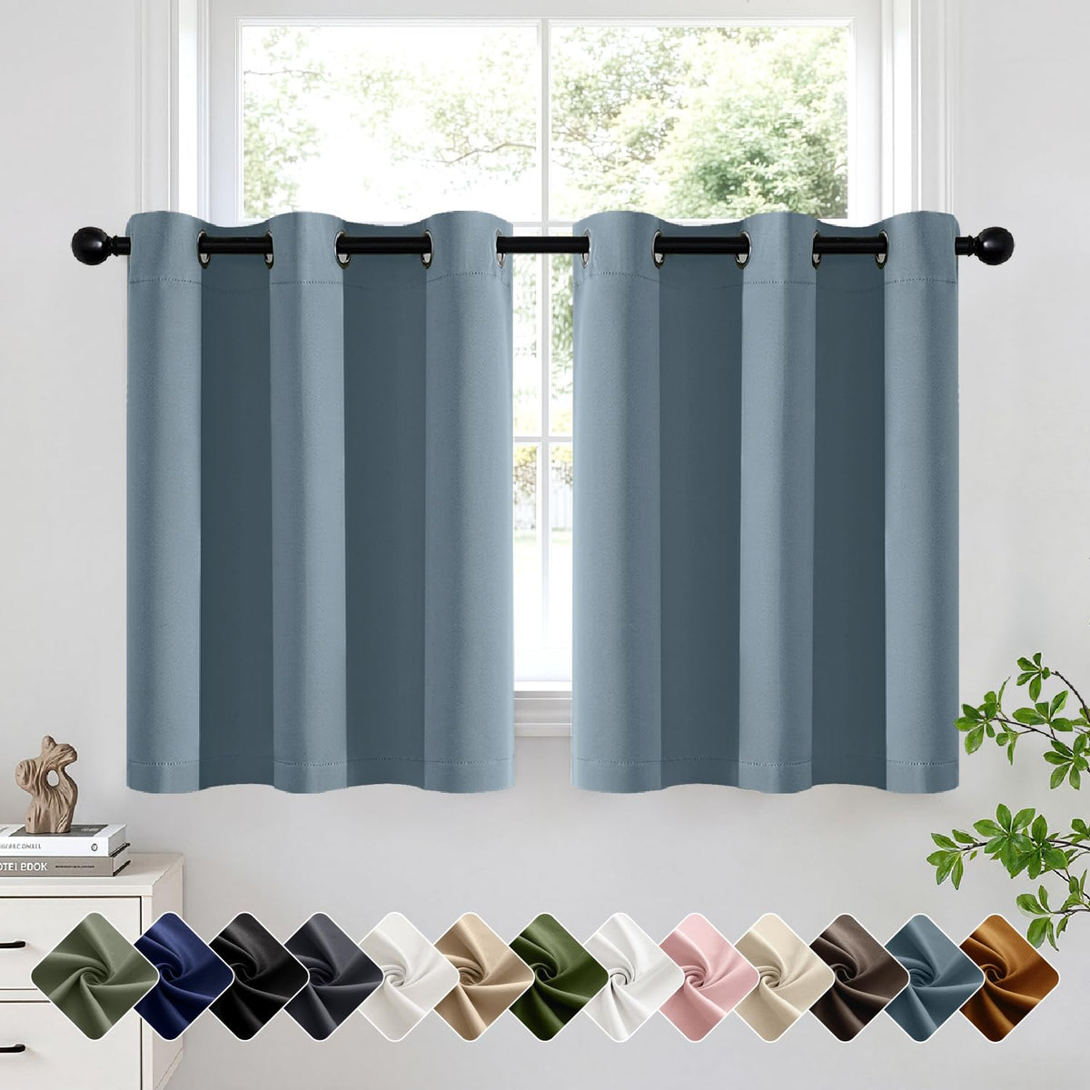Short Navy Blue Blackout Kitchen Curtain W40 x L45 Inch 2 Panels