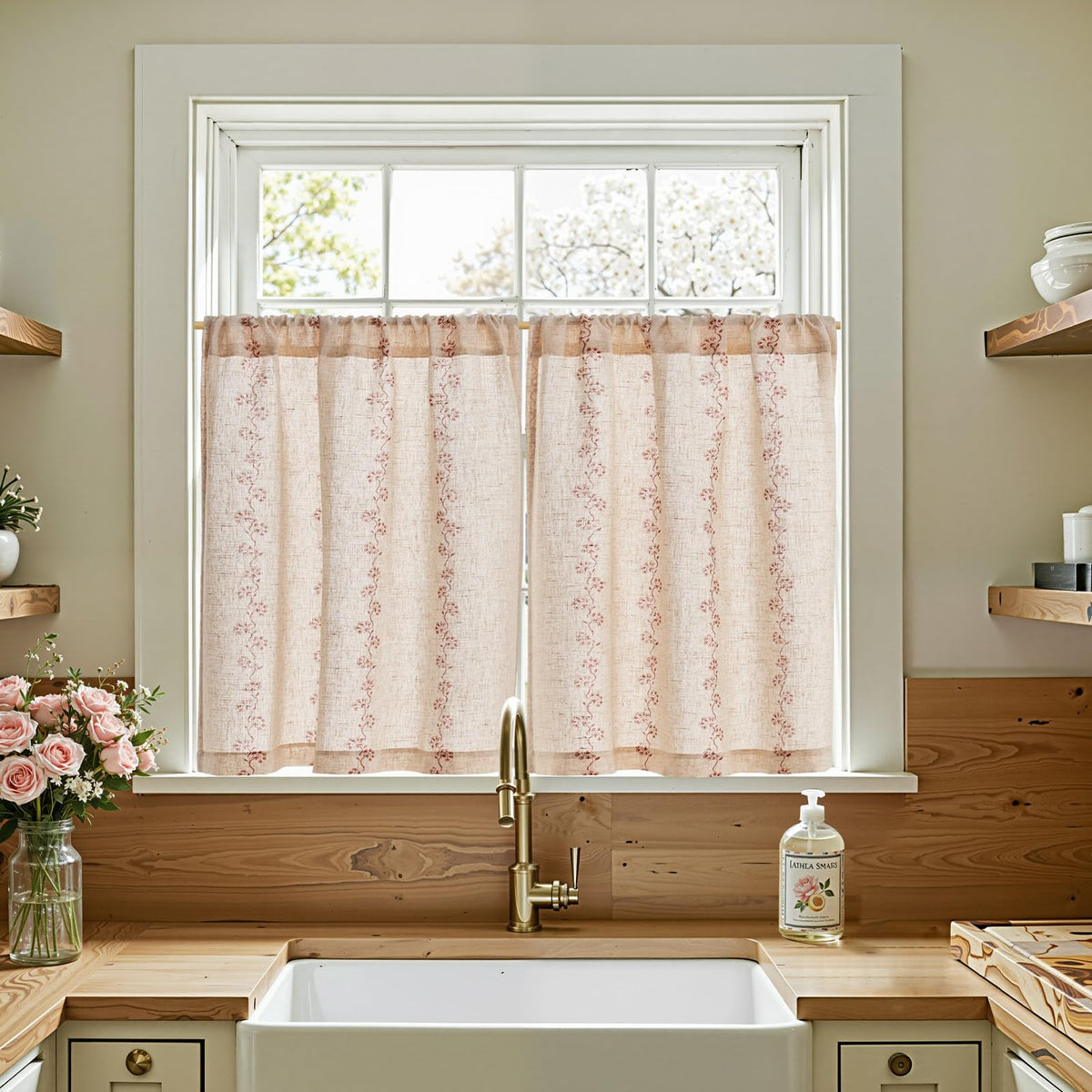jinchan Hattie Floral Linen Kitchen Tier Curtains Beige 30 in 2 Panels
