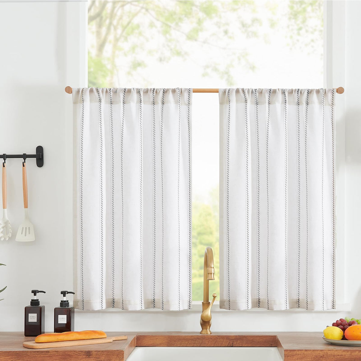 jinchan Linen Striped Tier Curtains for Kitchen Windows Farmhouse