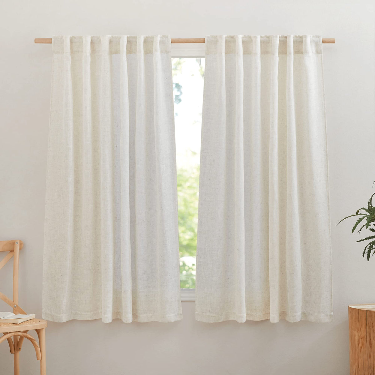 NICETOWN Natural Linen Kitchen Curtains 26 inches Long, Rod Pocket & Back Tab Semi Sheer Flax Window Treatments Rustic & Cute for Cafe/Kids Room, W37 x L26, 2 Panels