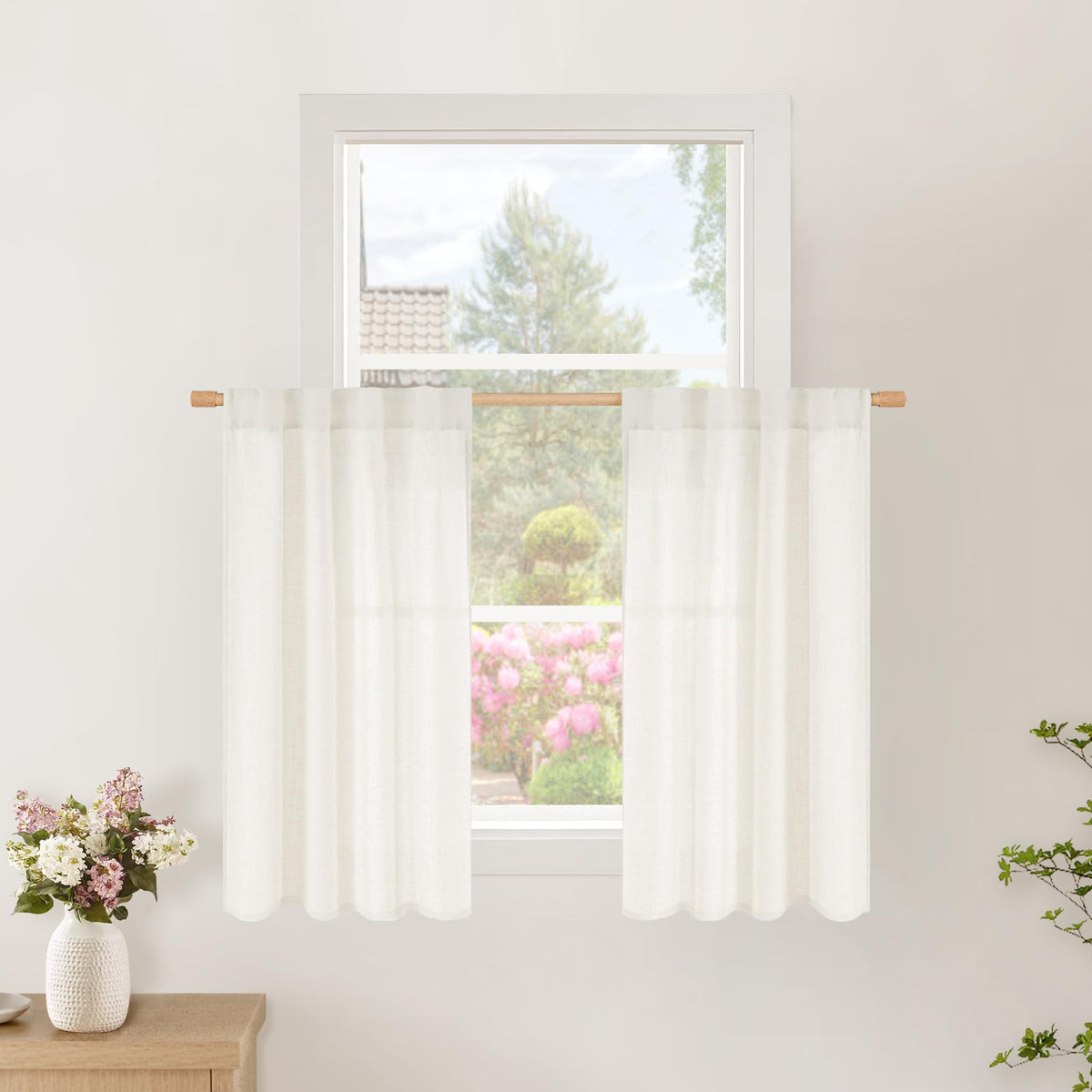 BGment White Linen Kitchen Curtains 40 Inch Length for Short Window