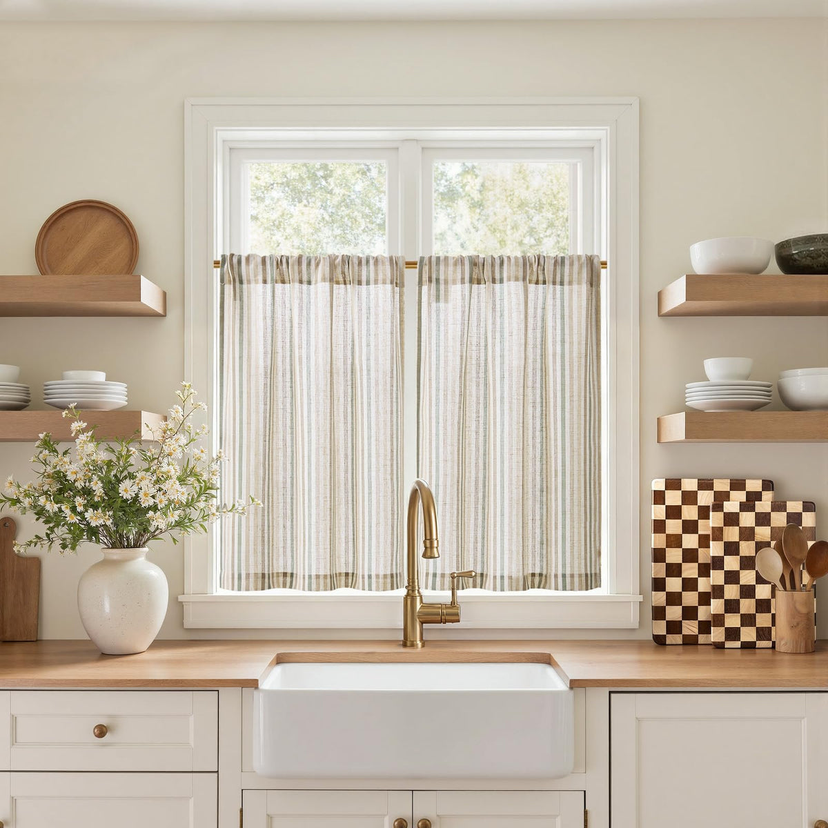 jinchan Striped Linen Kitchen Tier Curtains, 30 Inch, Sage Green, 2 Panels