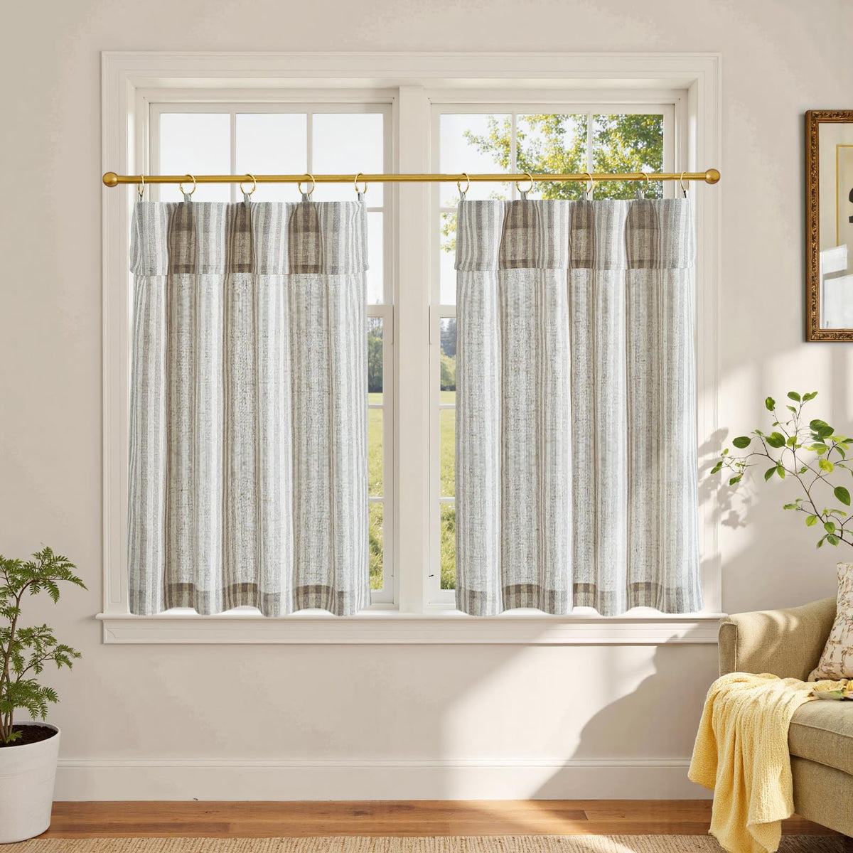 jinchan Striped Linen Kitchen Tier Curtains, 30 Inch, Sage Green, 2 Panels