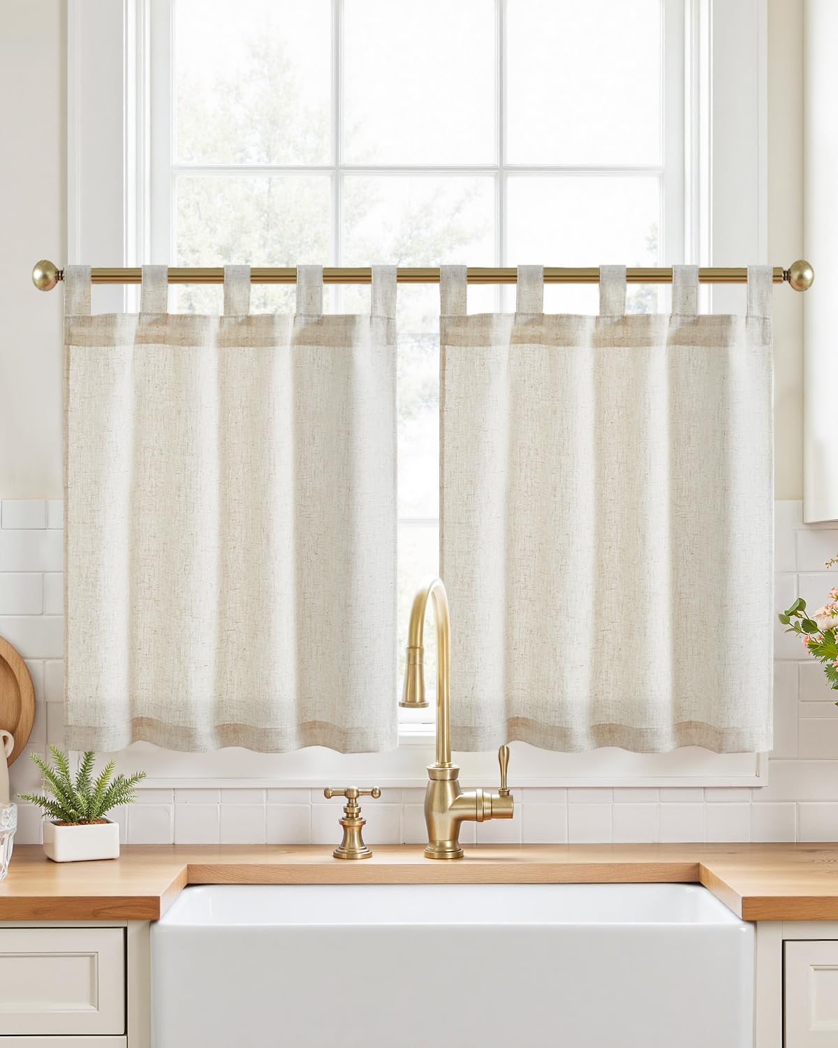 jinchan Linen Pinch Pleated Back Tab Tier Curtains, 26x36, Natural