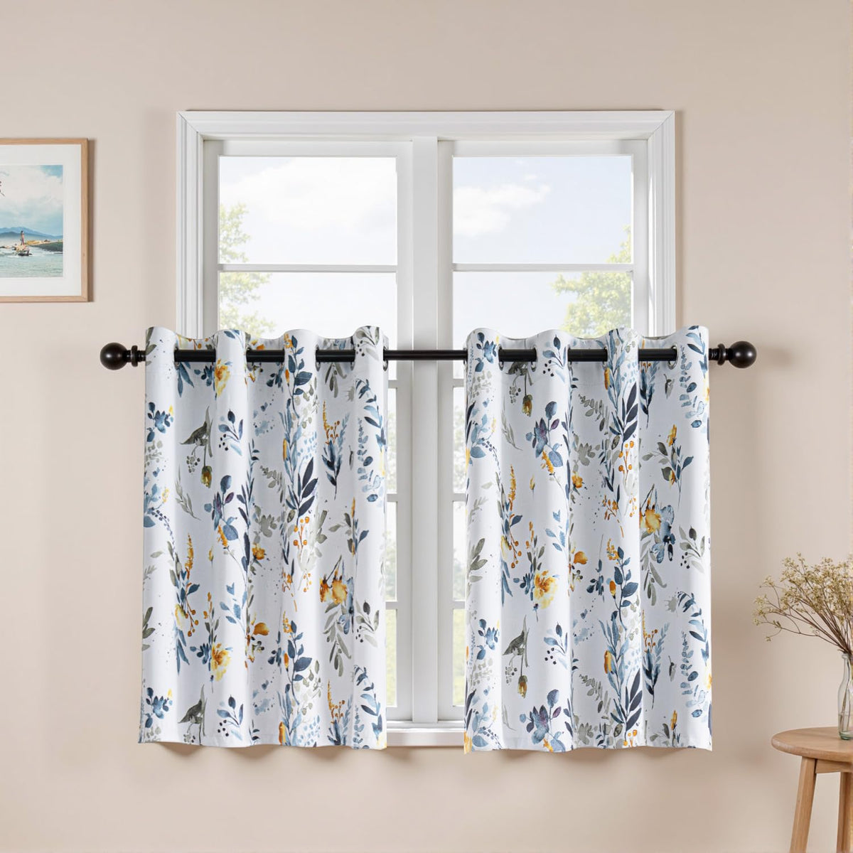 MYSKY HOME Floral Blackout Curtains 45 inch Length 2 Panels Yellow and Blue