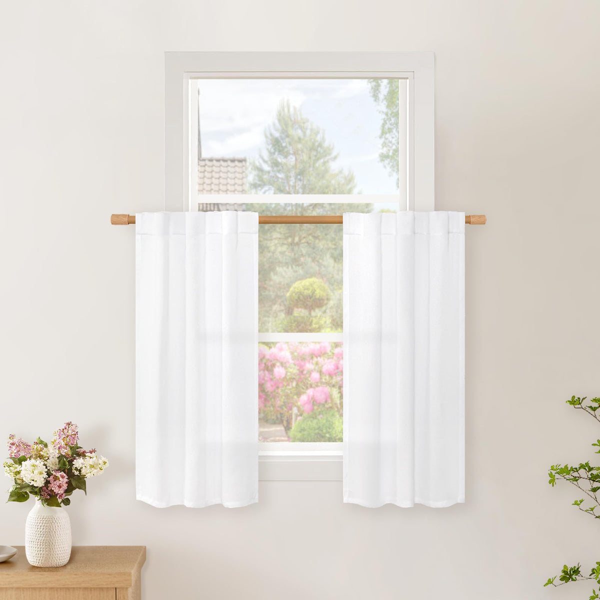 BGment White Linen Kitchen Curtains 40 Inch Length for Short Window