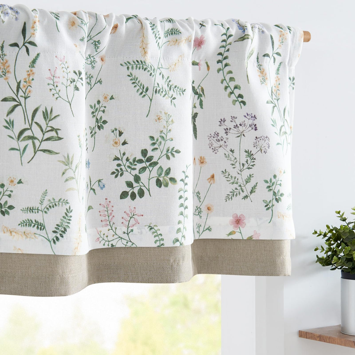 jinchan Floral Linen Kitchen Valance Curtain, 50x16, 1 Panel, Black